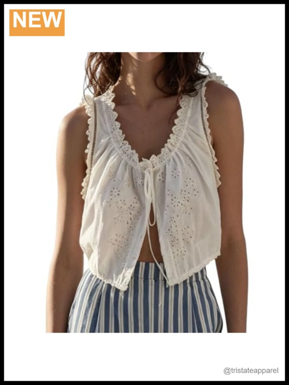 Boho Lace Eyelet Tie Front Tank Top Sleeveless Scoop Neck